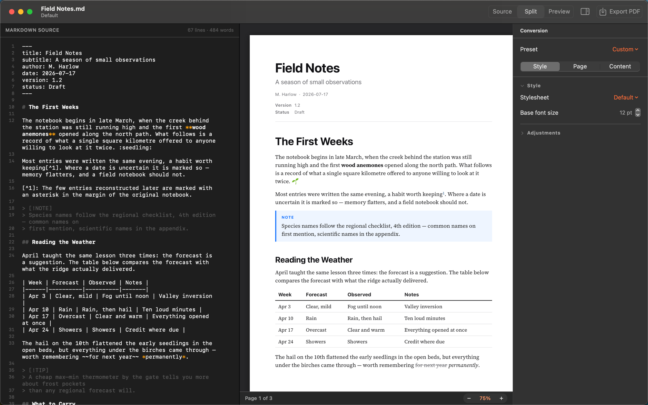 Vaelora's split view: Markdown source beside a live paginated preview, with the conversion inspector on the right