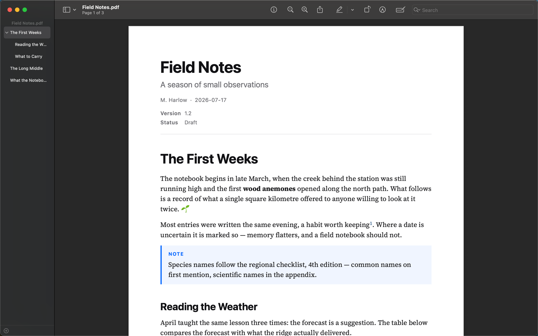 The exported PDF open in Apple Preview, with a nested table-of-contents sidebar