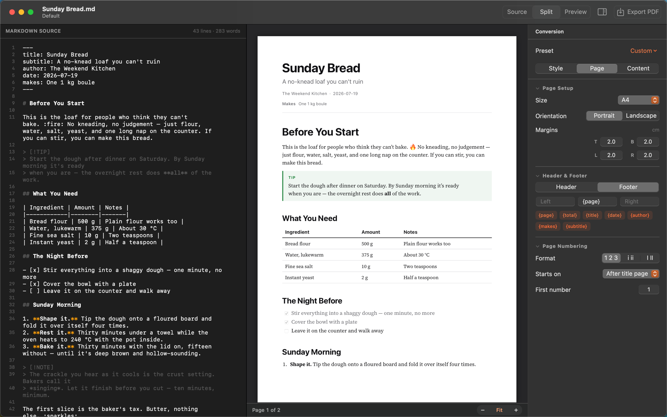 Vaelora's split view: a Sunday Bread recipe in Markdown on the left, and the live paginated preview with its title block, tip callout, ingredients table and checklists on the right