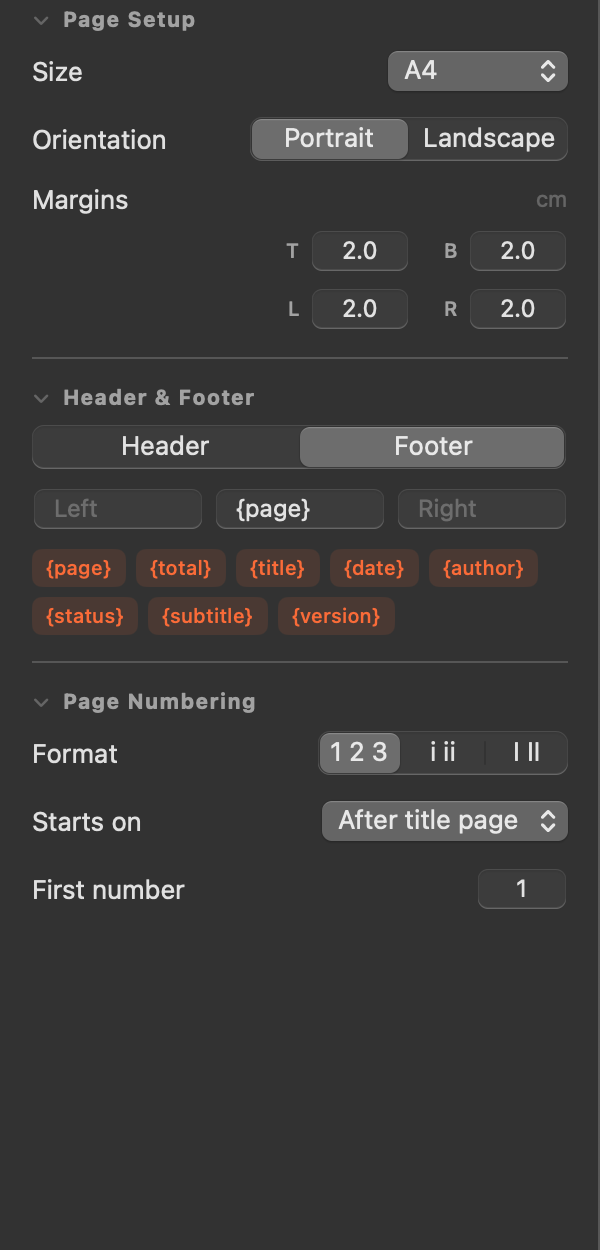 The inspector's Page tab: page setup, header and footer slots with tokens, and page numbering controls