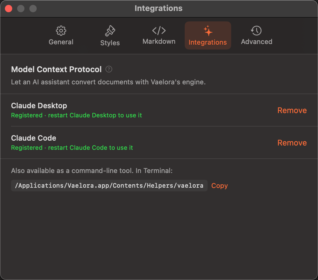 The Settings window on the Integrations tab: Claude Desktop and Claude Code registered, with the bundled command-line tool path below
