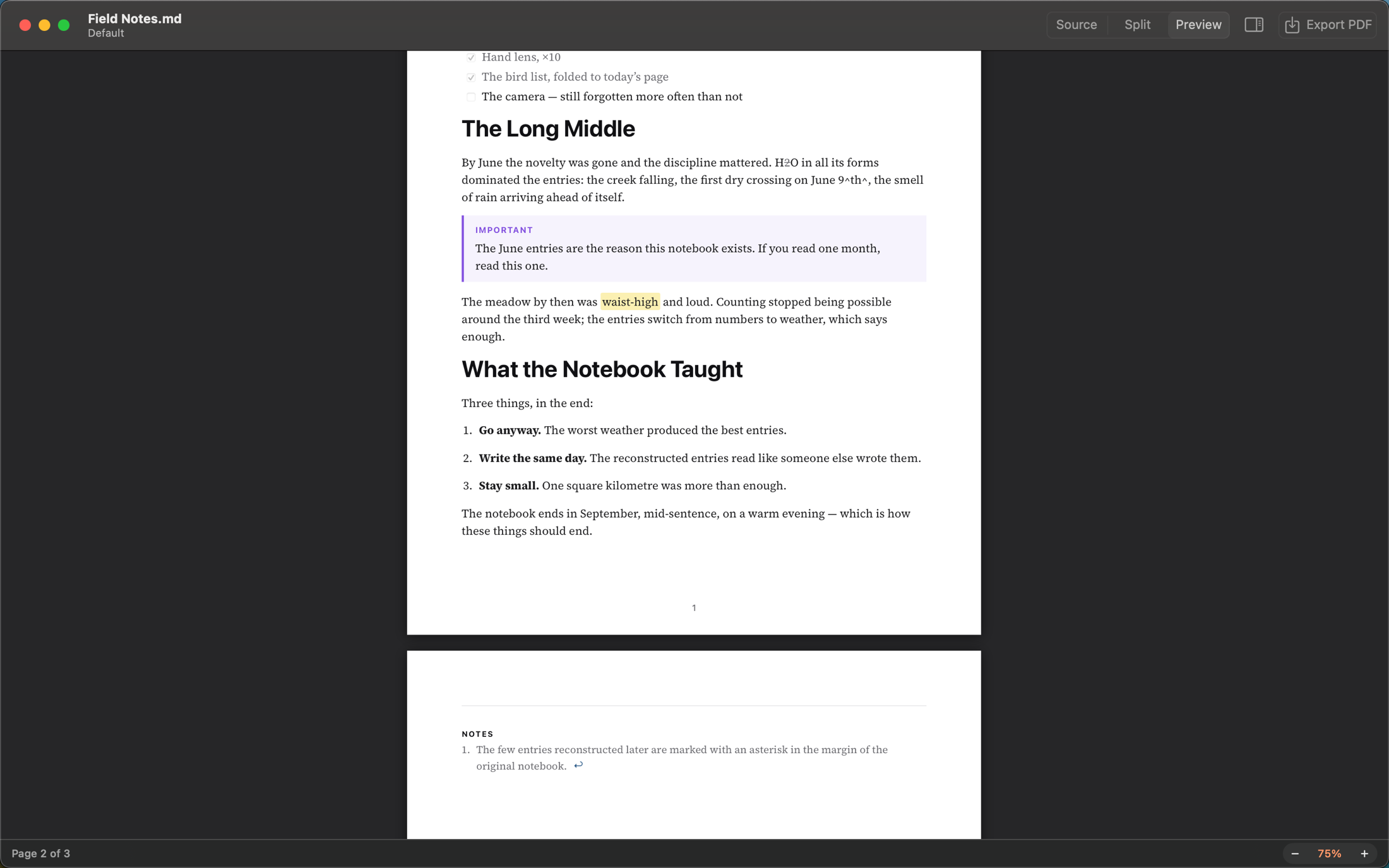 Preview showing a clean page break: the page ends with a footer page number, and footnotes settle on the final page