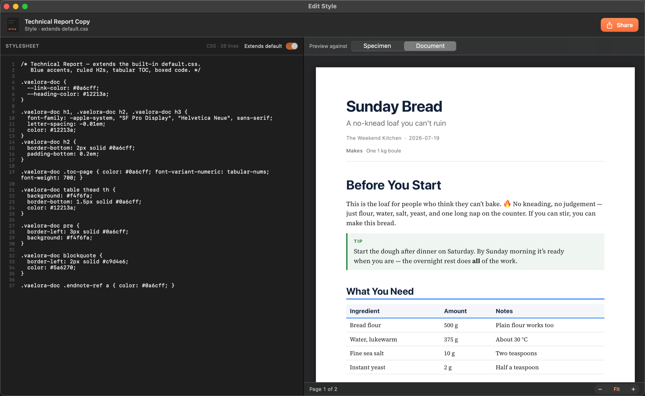 The Style Editor editing a custom style: 38 lines of CSS on the left, the Sunday Bread document re-rendered live on the right