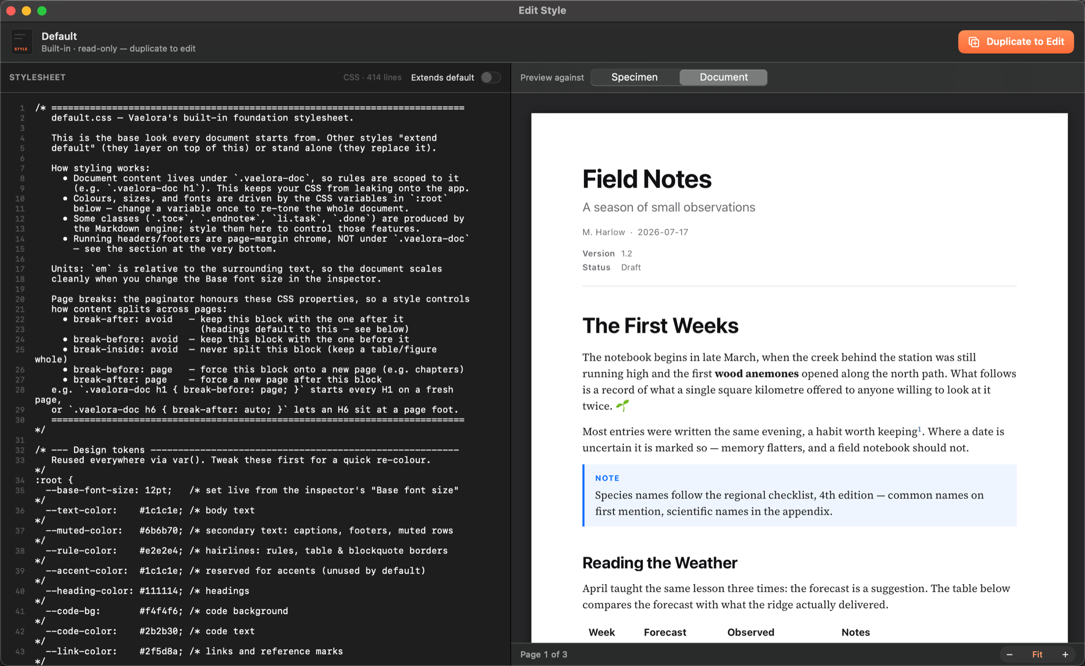 The Style Editor: commented CSS on the left, a live preview against the open document on the right