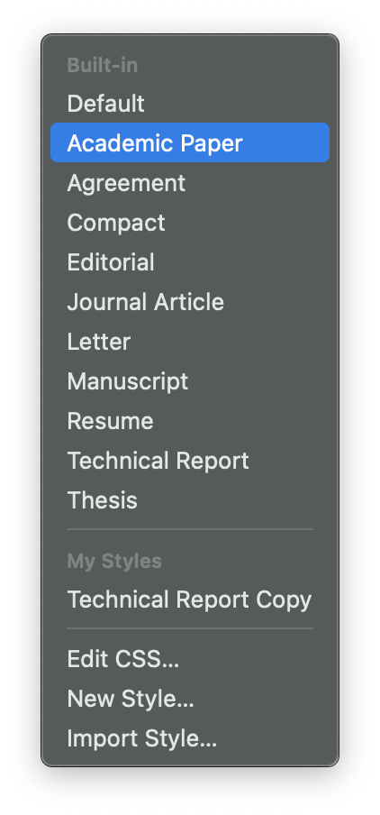 The stylesheet menu: the built-in styles, My Styles, and the Edit CSS, New Style and Import Style commands