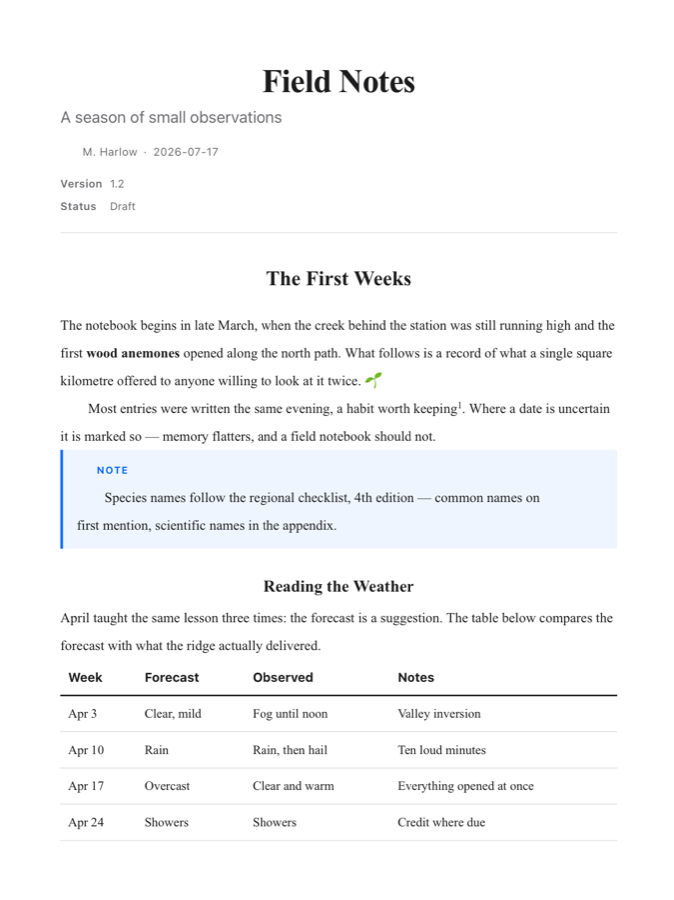 The same document in the serif Manuscript style with centered headings